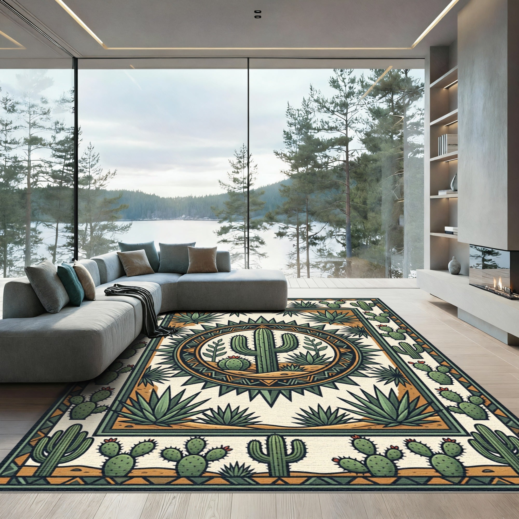 Green Desert Cactus Geometric Medallion Rug