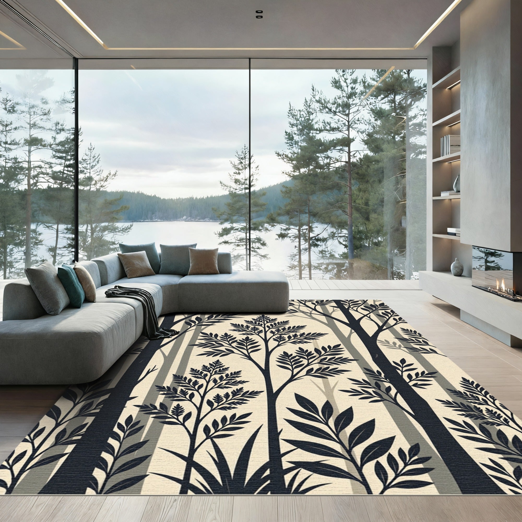 Earthy Charcoal Black Fern Botanical Forest Rug