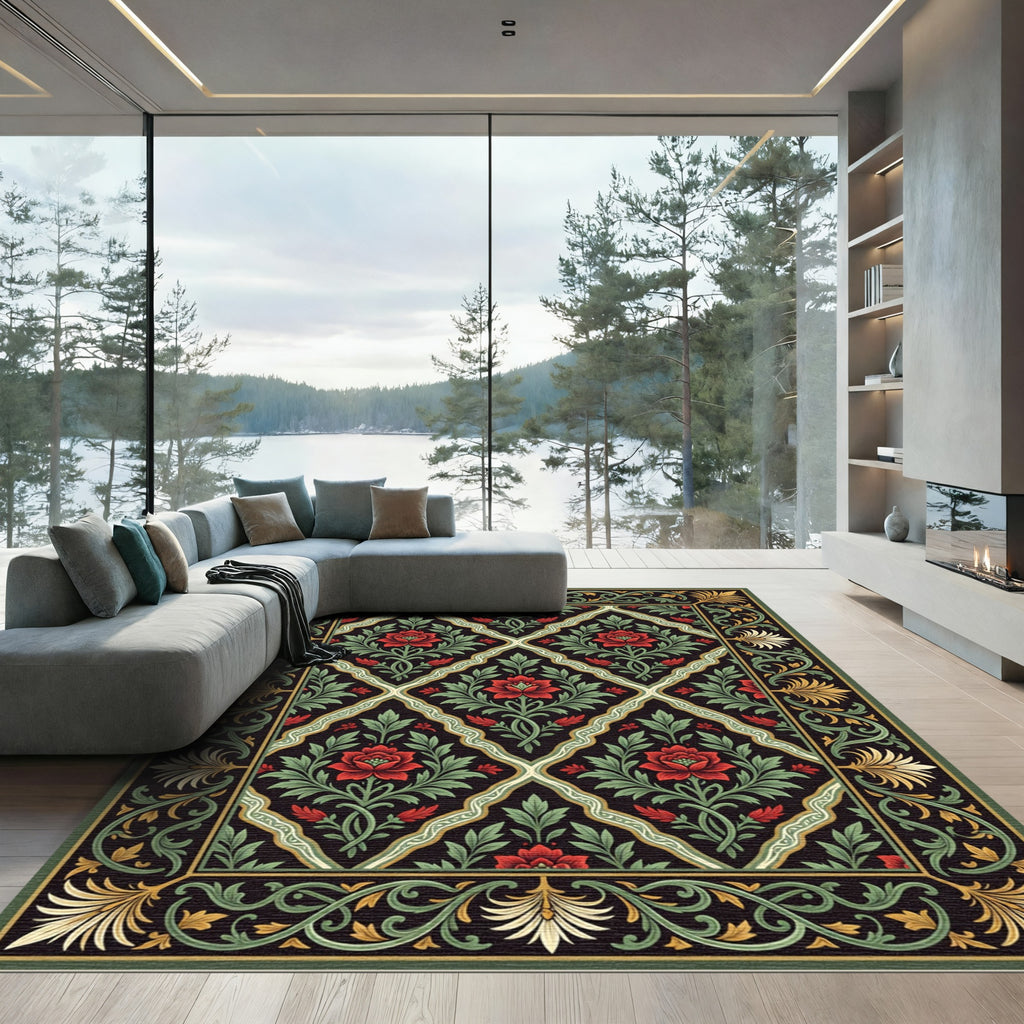 Elegant Black Floral Diamond Lattice Rug