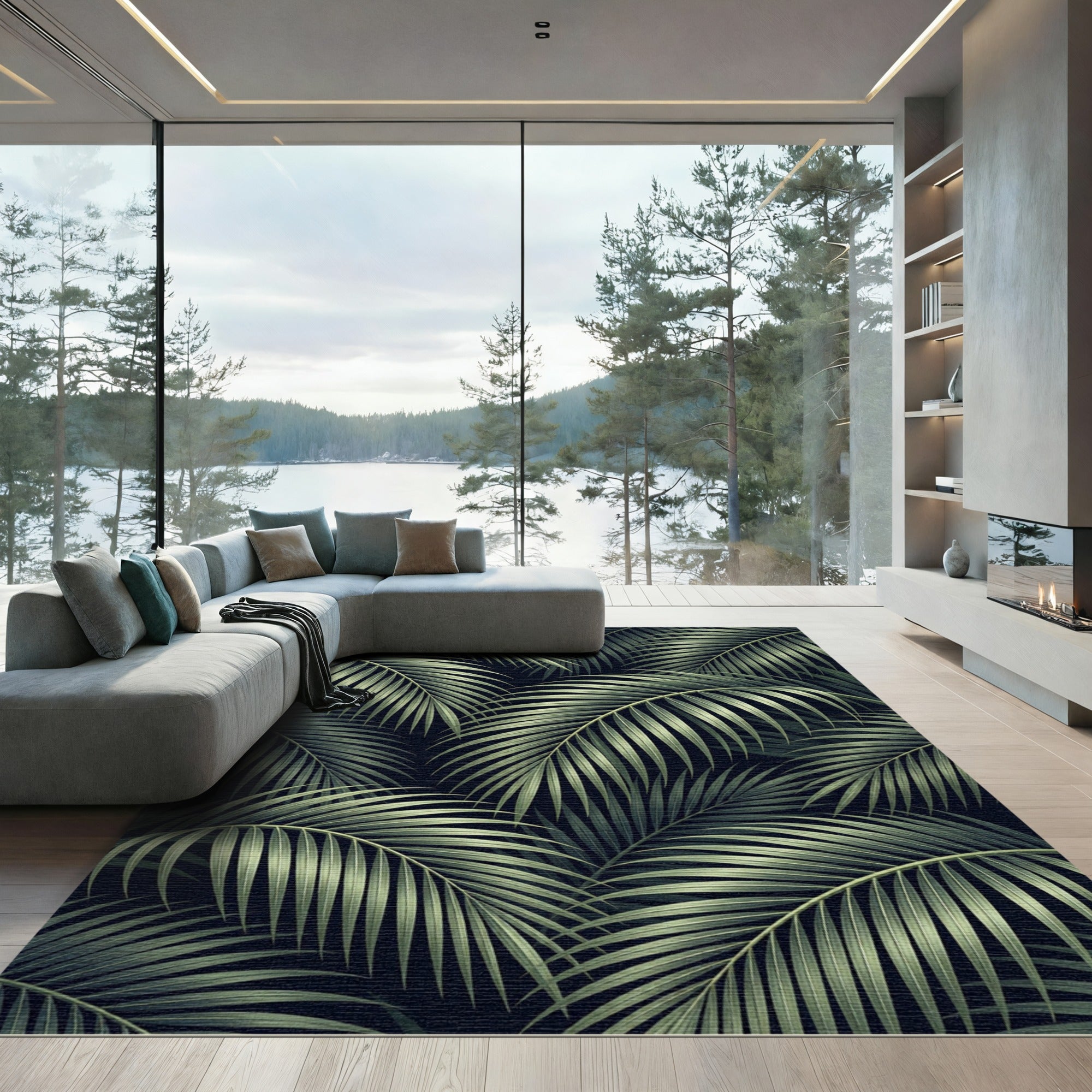 Dark Green Tropical Palm Leaves Rug
