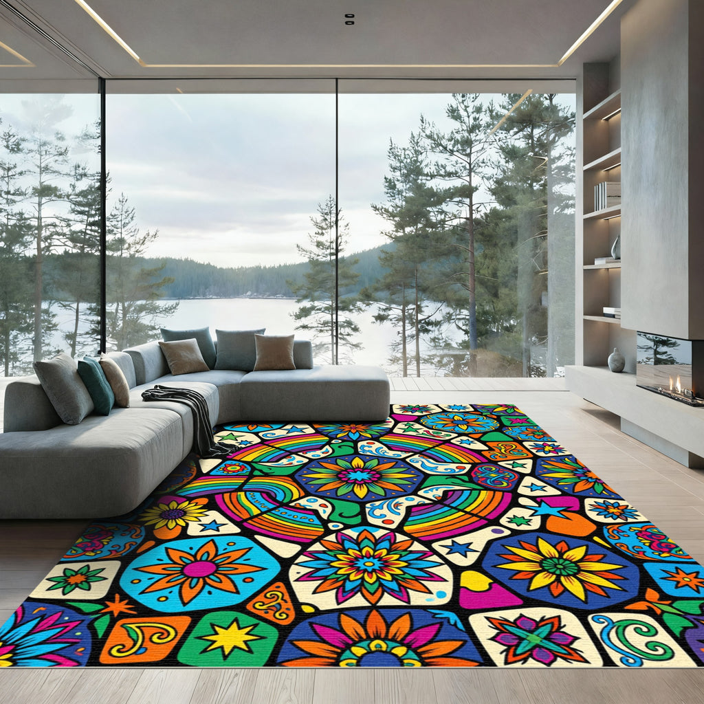 Vibrant Rainbow Star Flower Mosaic Rug