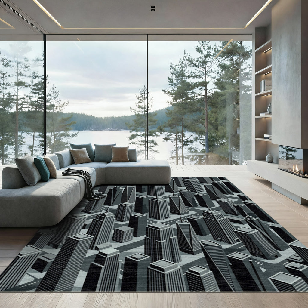 Monochromatic Downtown Skyscraper Cityscape Rug