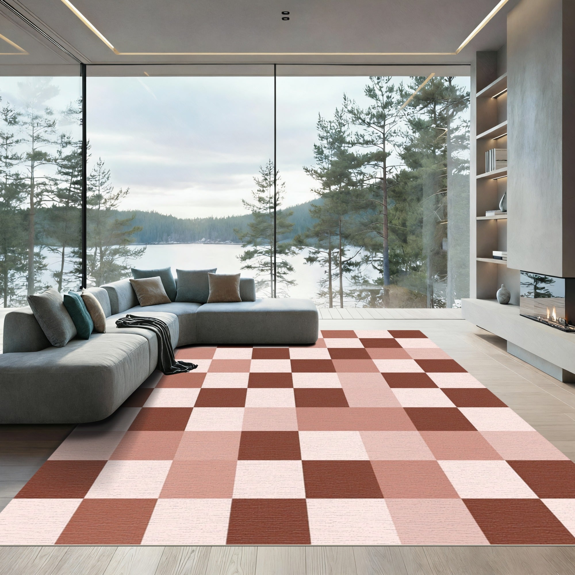Warm Brown Checkerboard Square Arrangement Rug