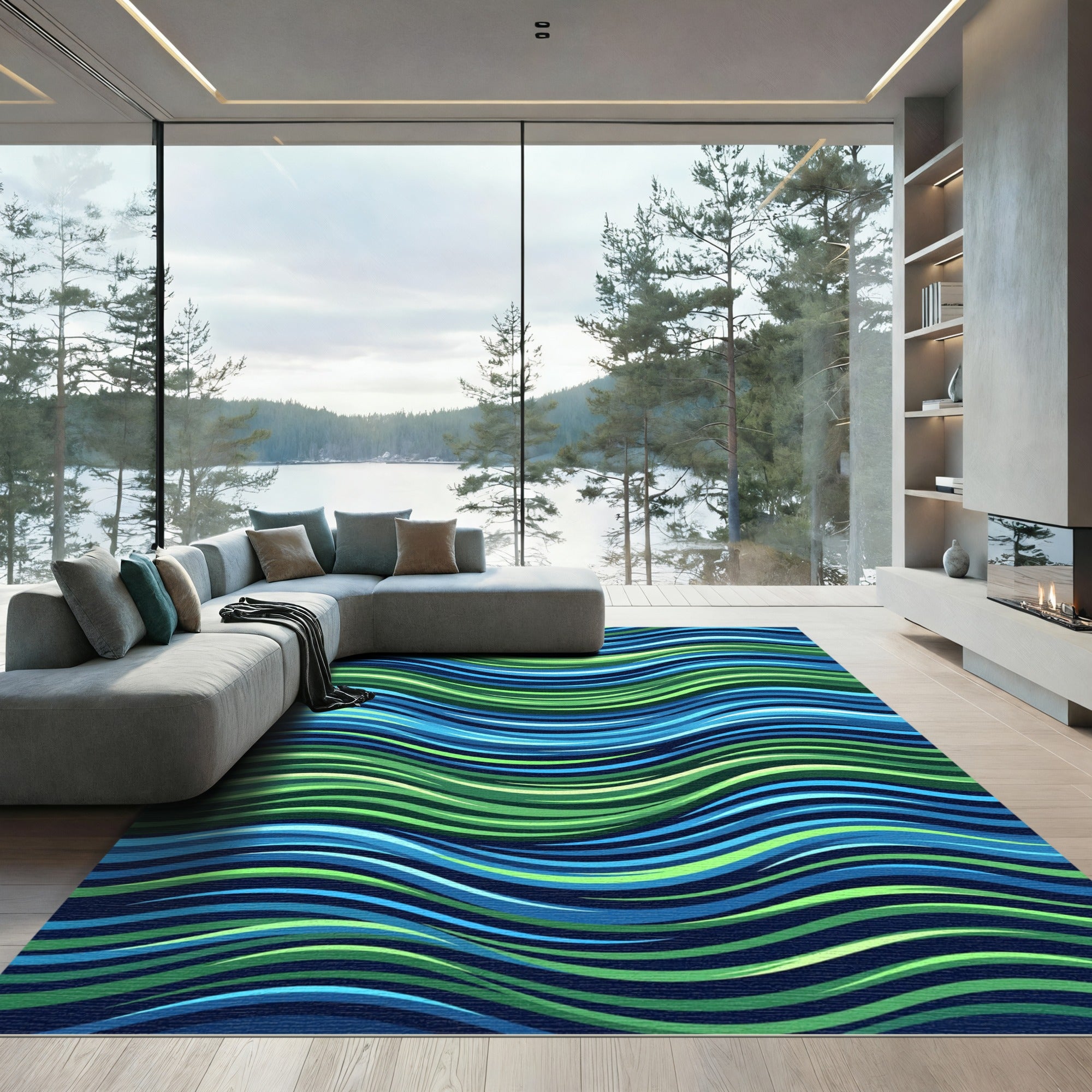 Vibrant Blue and Green Wavy Lines Rug
