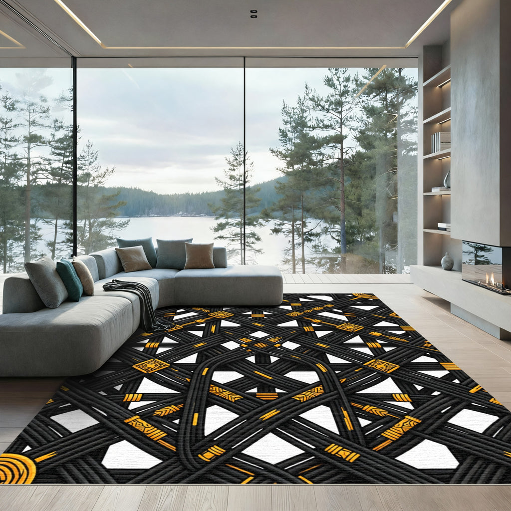 Black Gold Woven Interlocking Geometric Rug