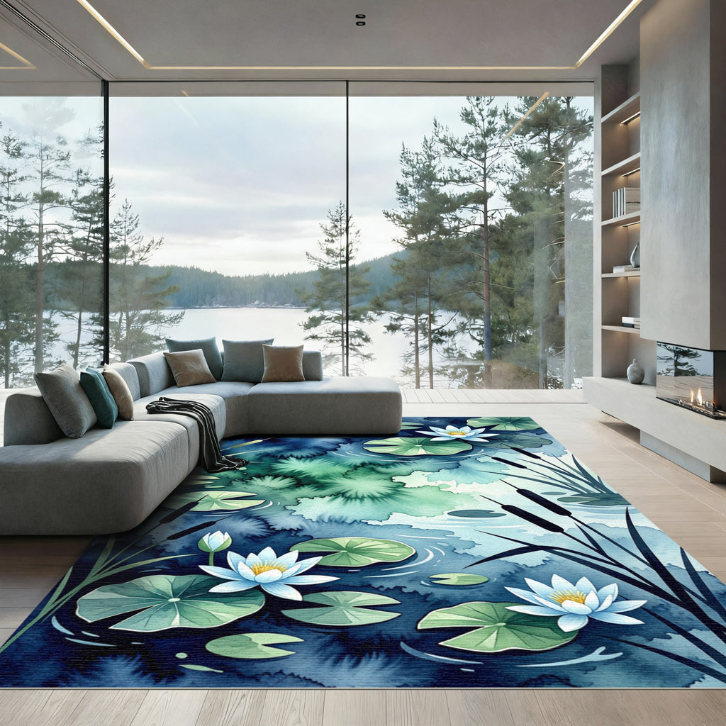 Serene Blue Green Lily Pond Garden Rug