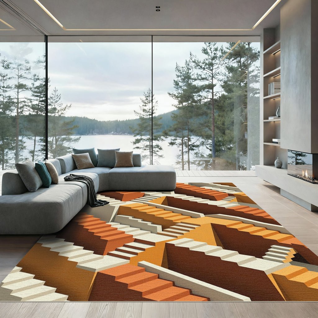 Terracotta Beige Escher Staircase Illusion Rug