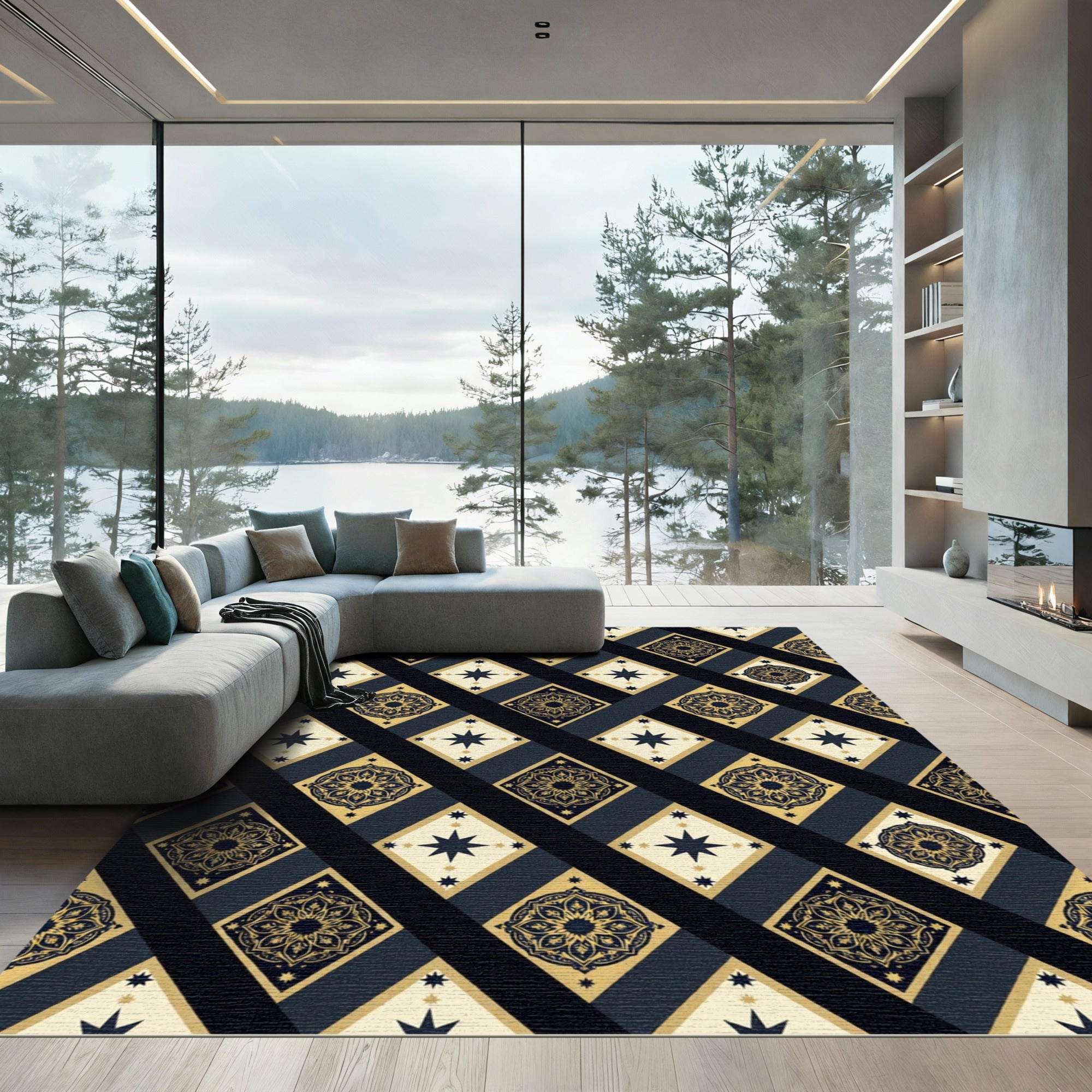 Navy Gold Celestial Diamond Medallion Rug
