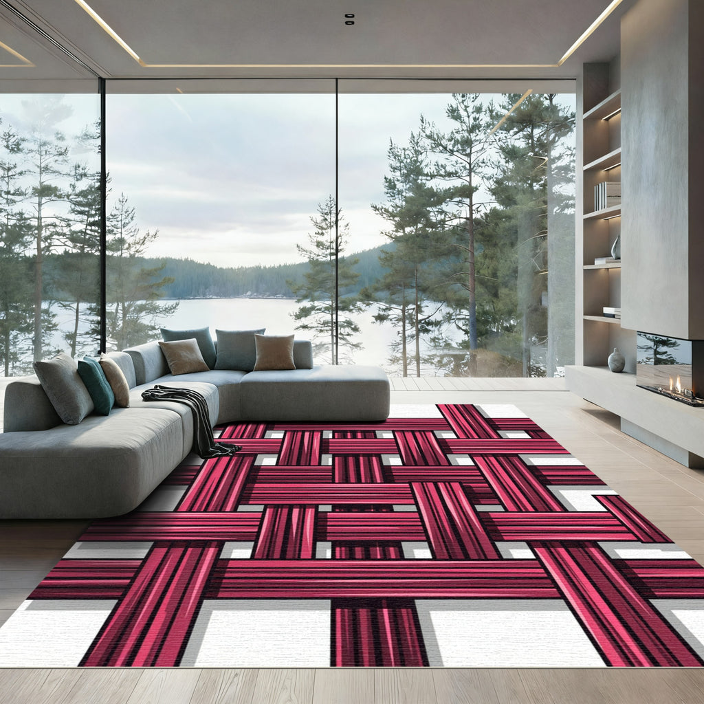 Crimson Woven Texture Crossing Lines Rug