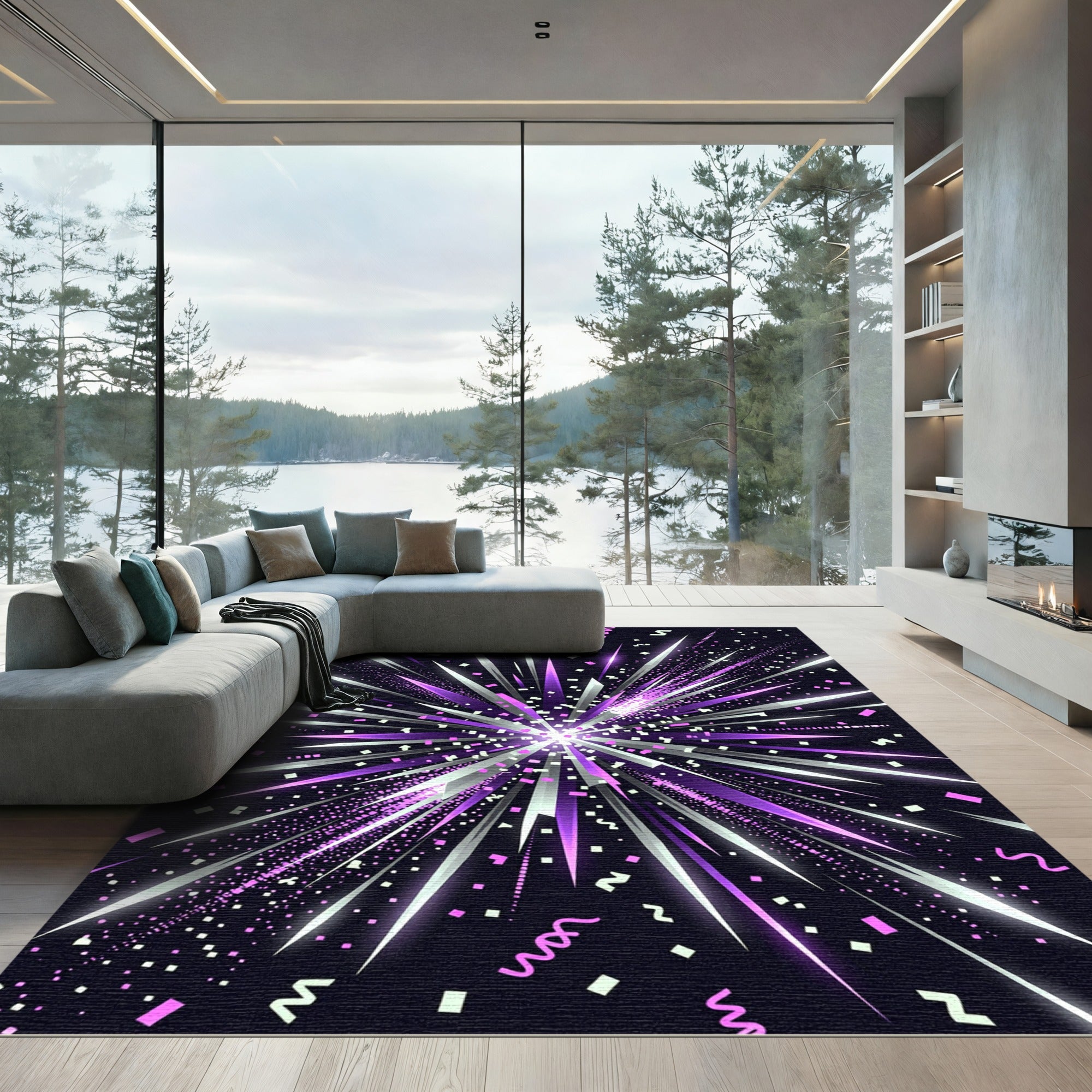 Vibrant Purple Silver Radiant Starburst Rug