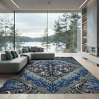 Ornate Blue Gray Damask Fleur Scroll Rug