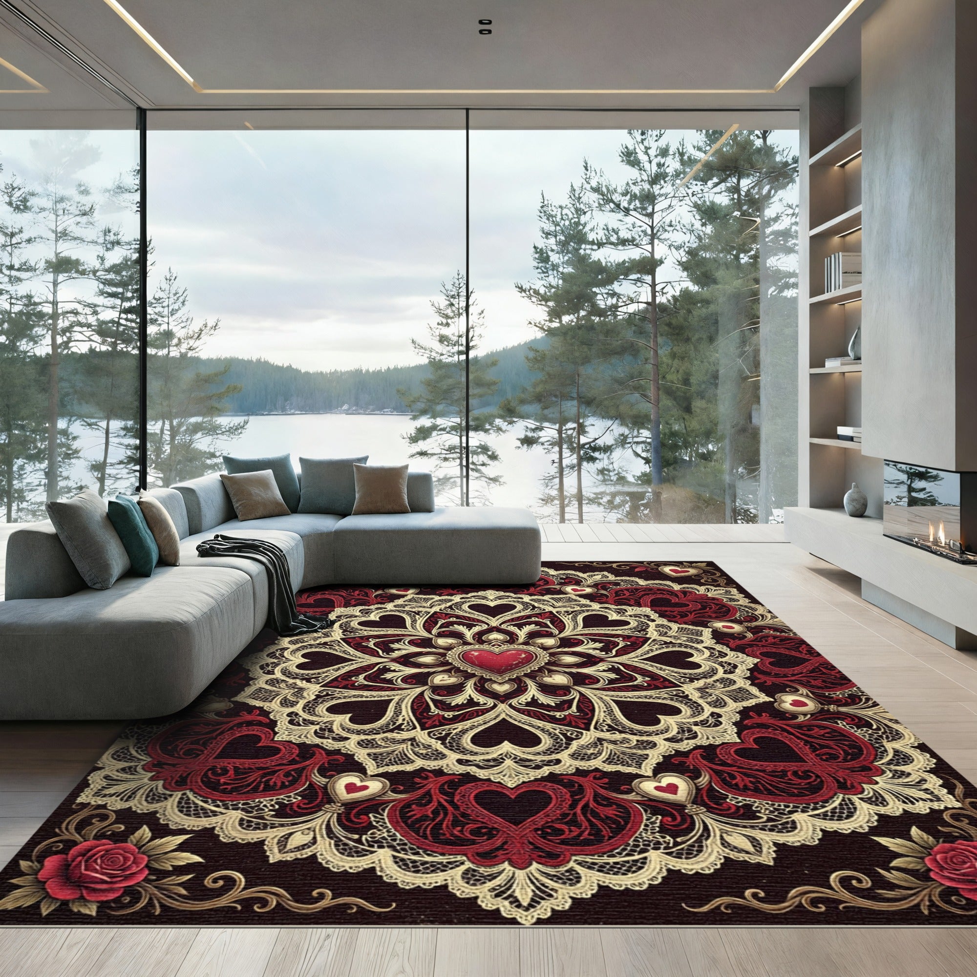 Gothic Crimson Heart Lace Medallion Rug