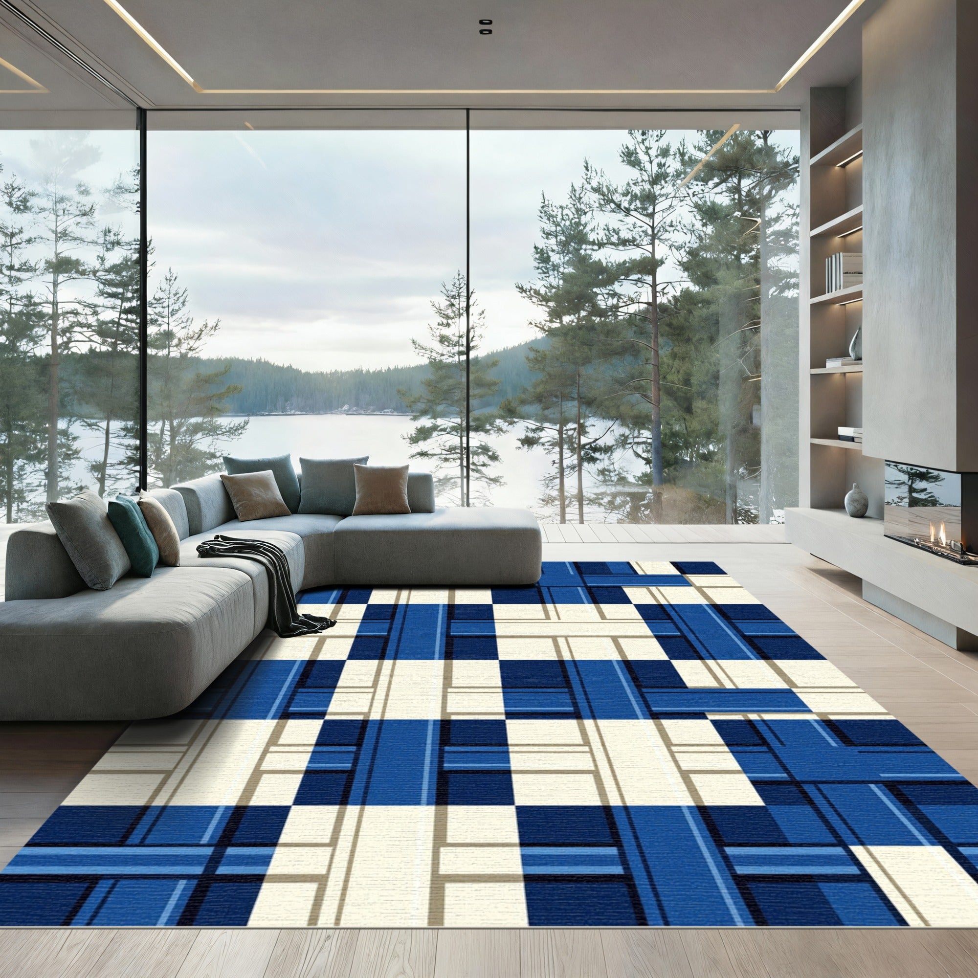 Navy and Cream Geometric Plaid Rug