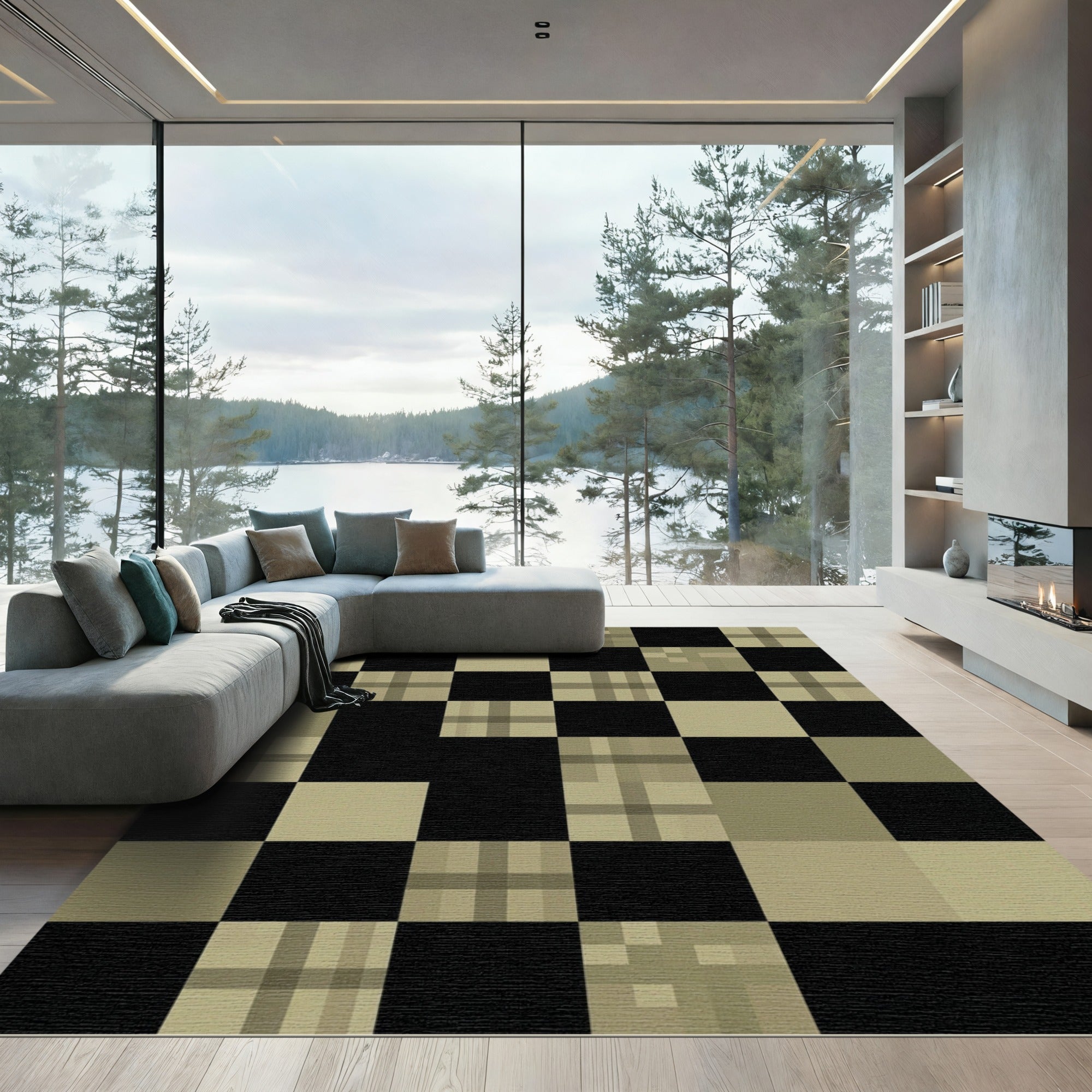 Monochrome Plaid Checkerboard Squares Rug