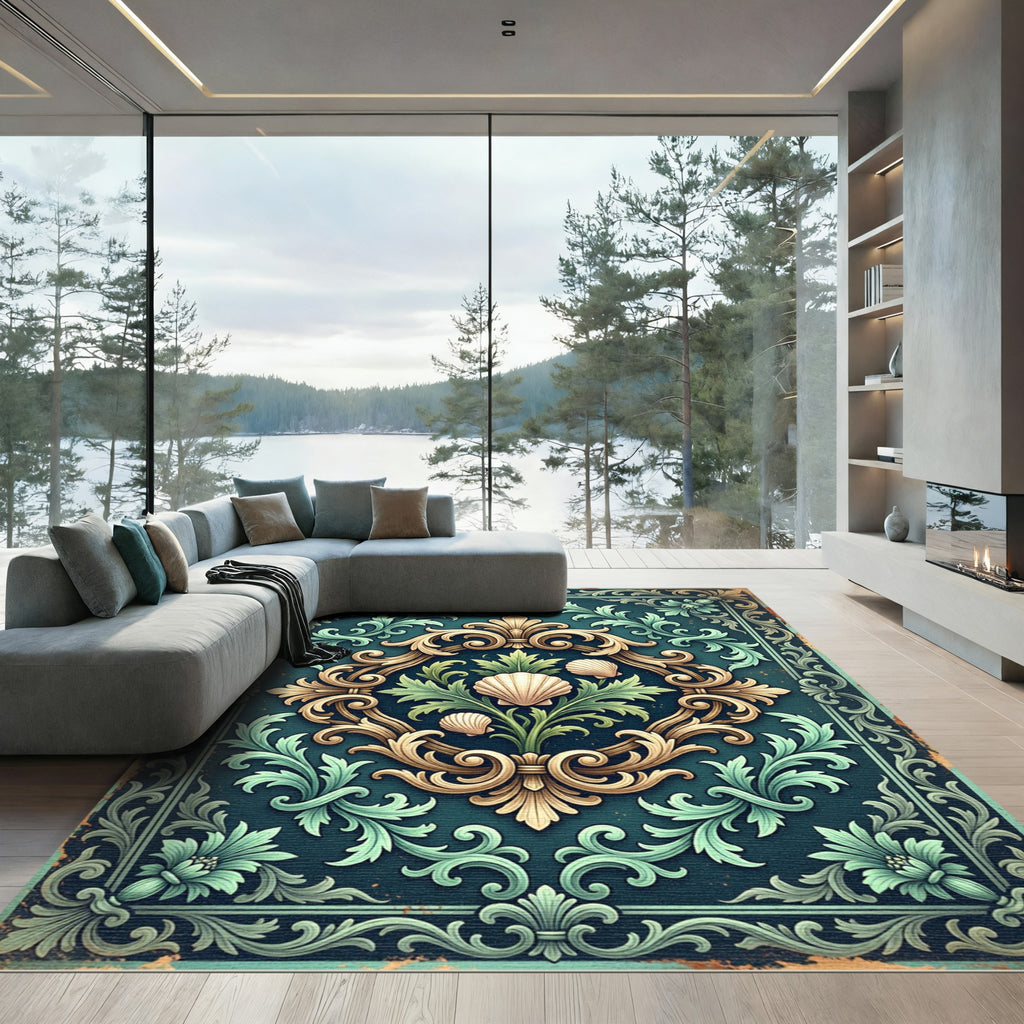 Ornate Teal Shell Botanical Scrollwork Rug