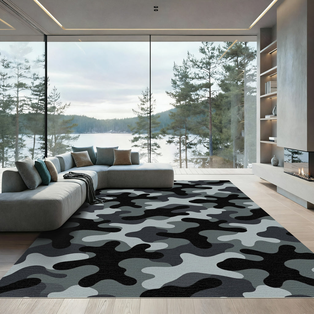 Monochromatic Slate Gray Camouflage Abstract Rug