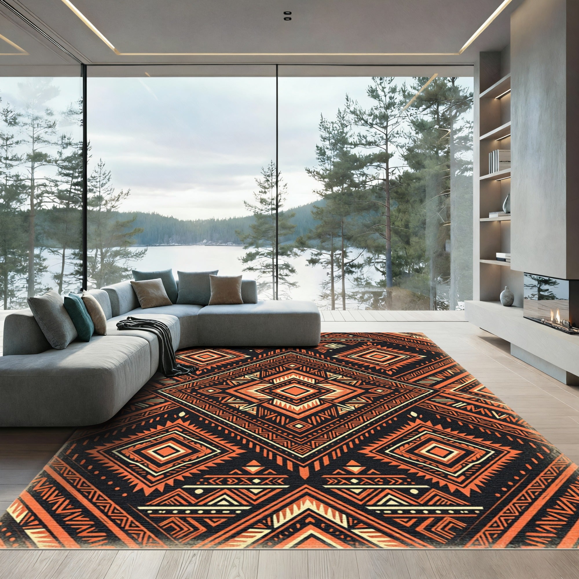 Bold Orange Black Geometric Tribal Ink Rug