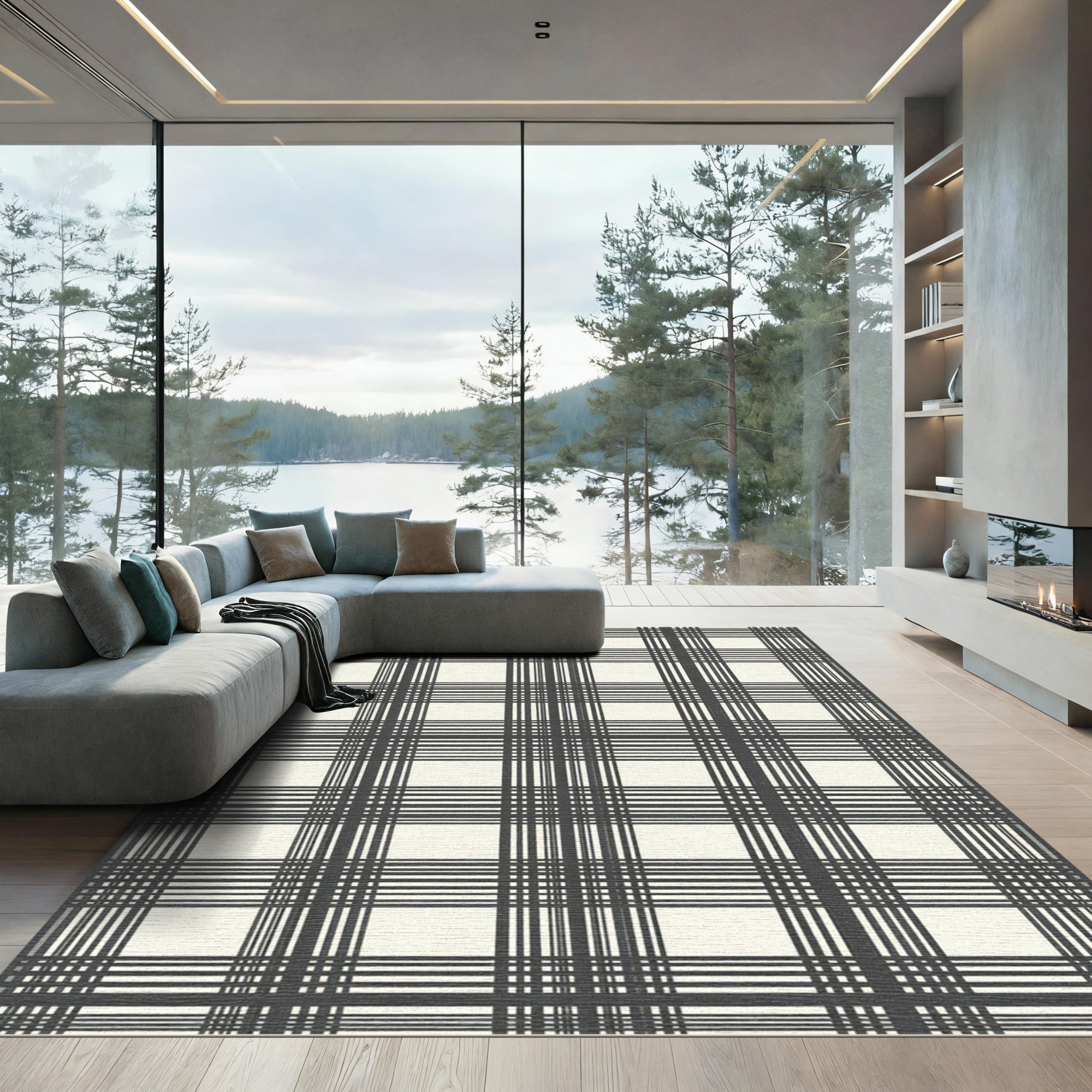 Dark Gray Classic Plaid Stripe Rug