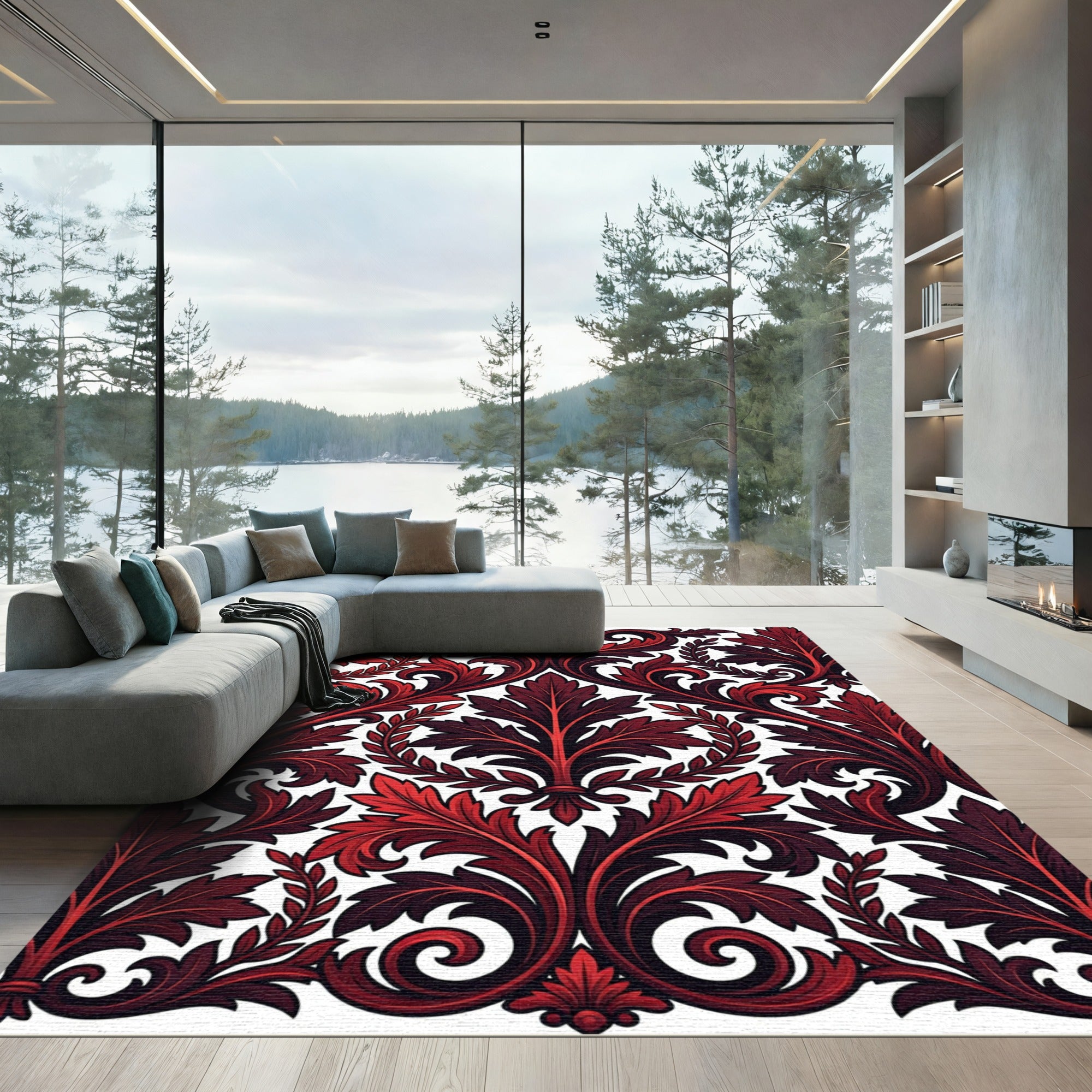 Crimson Red Scrolling Acanthus Leaf Rug