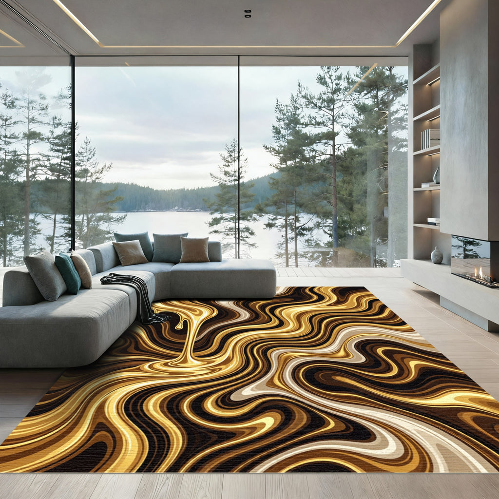 Liquid Gold Marble Swirl Abstract Art Rug