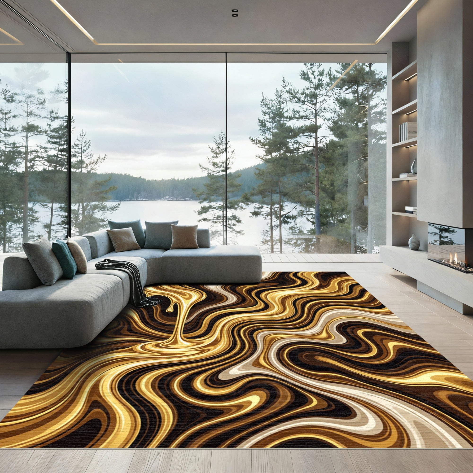 Liquid Gold Marble Swirl Abstract Art Rug