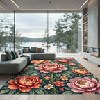 Blooming Peony Floral Teal Botanical Garden Rug