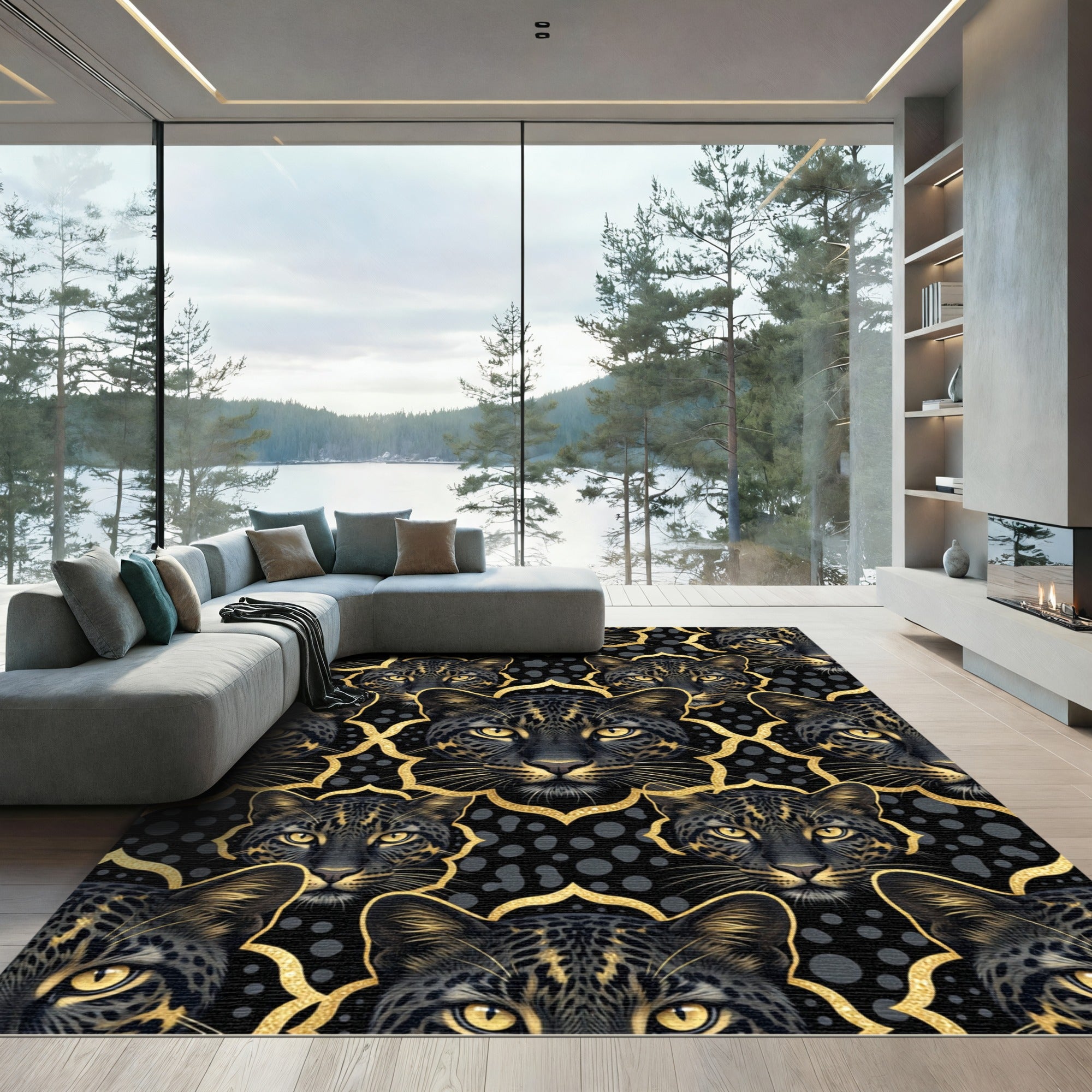 Black Leopard Gold Arabesque Repeat Rug