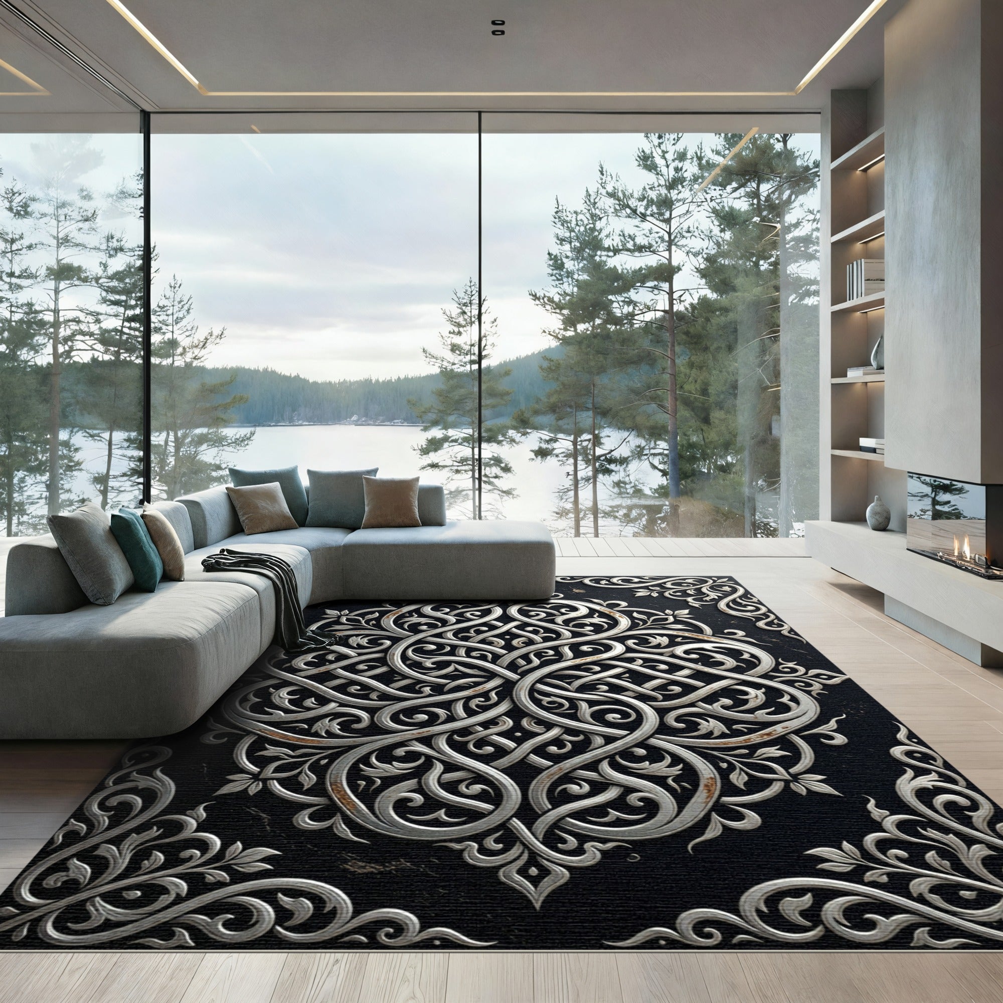 Silver Ornate Filigree Swirl Monochromatic Art Rug