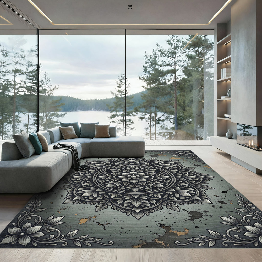 Vintage Botanical Silver Gray Floral Medallion Rug