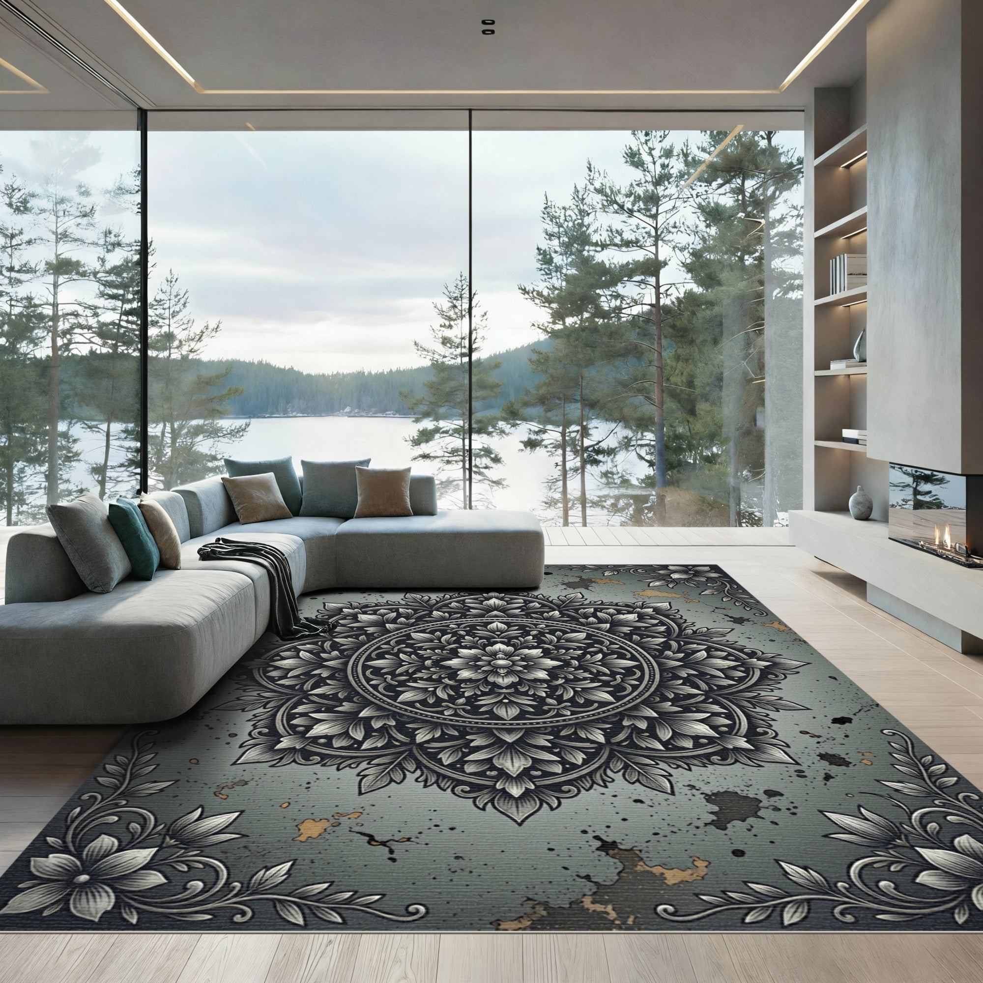 Vintage Botanical Silver Gray Floral Medallion Rug