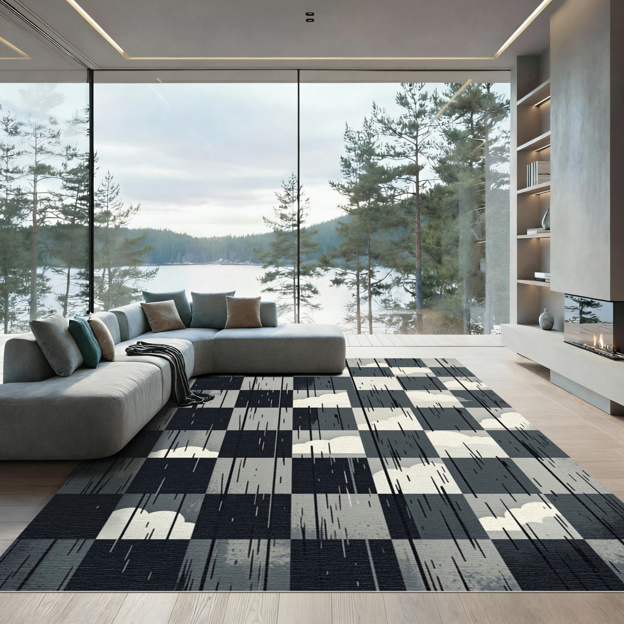 Monochromatic Sky Cloud Checkered Abstract Art Rug