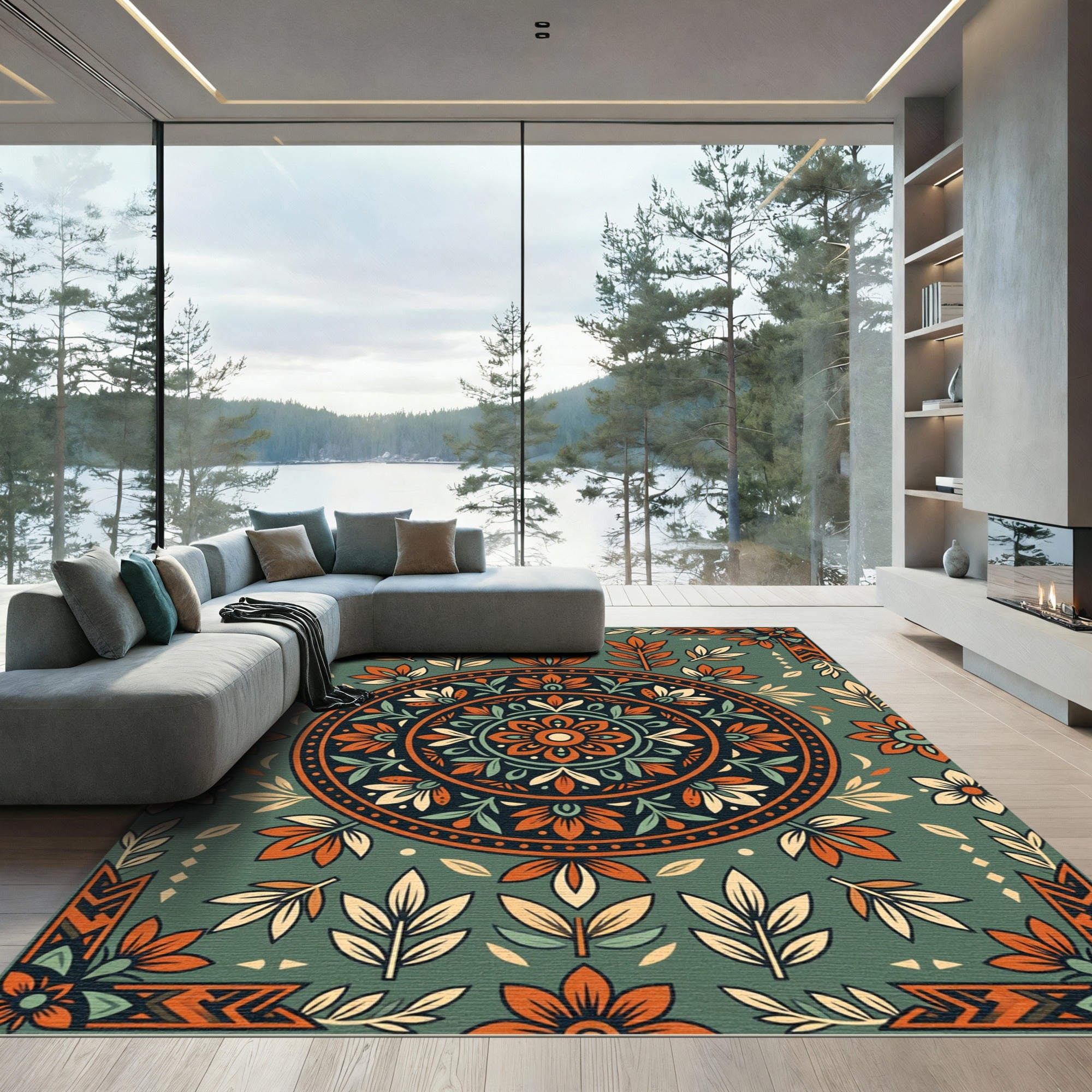 Earthy Sage Floral Medallion Boho Rug