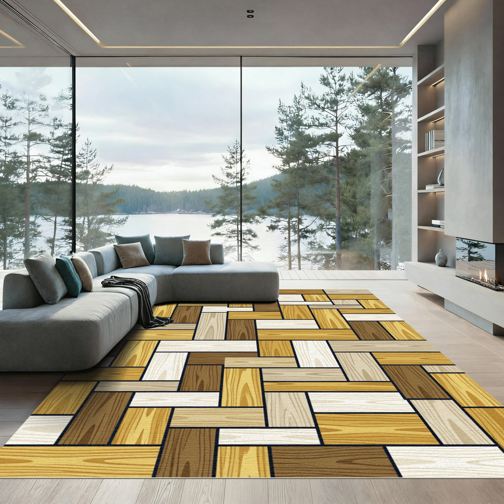 Tonal Wood Planks Geometric Composition Rug