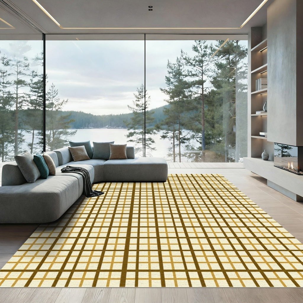 Modern Ochre Neutral Grid Checkered Rug
