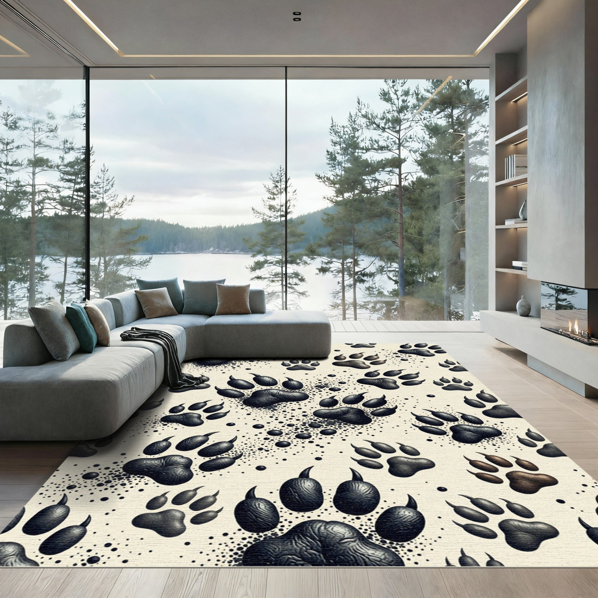 Minimalist Black Bear Paw Footprint Rug