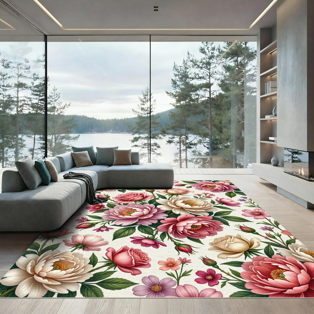 Elegant Blush Pink Floral Botanical Illustration Rug