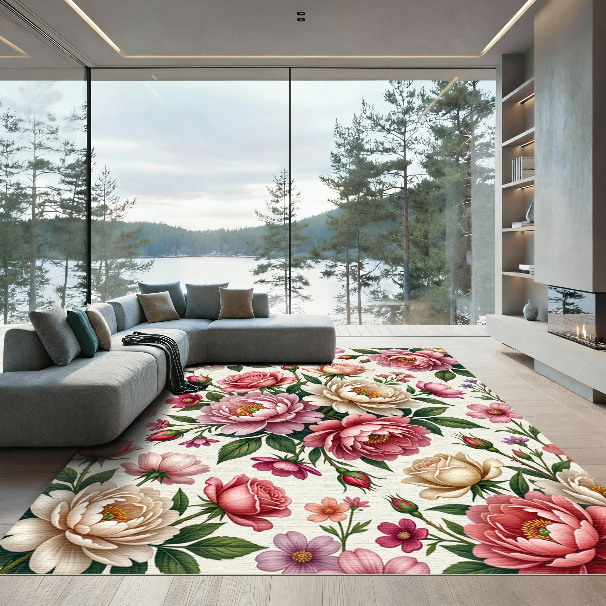 Elegant Blush Pink Floral Botanical Illustration Rug