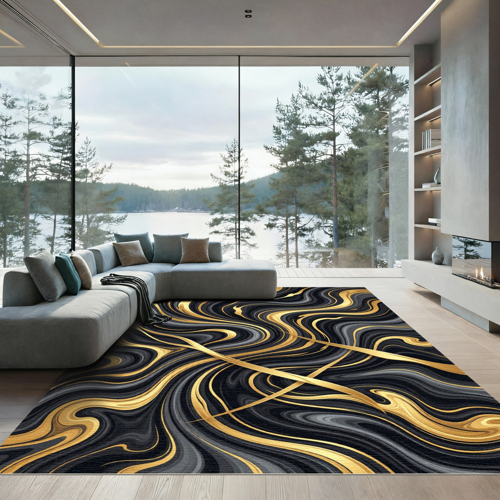 Luxurious Gold and Black Marble Swirl Rug