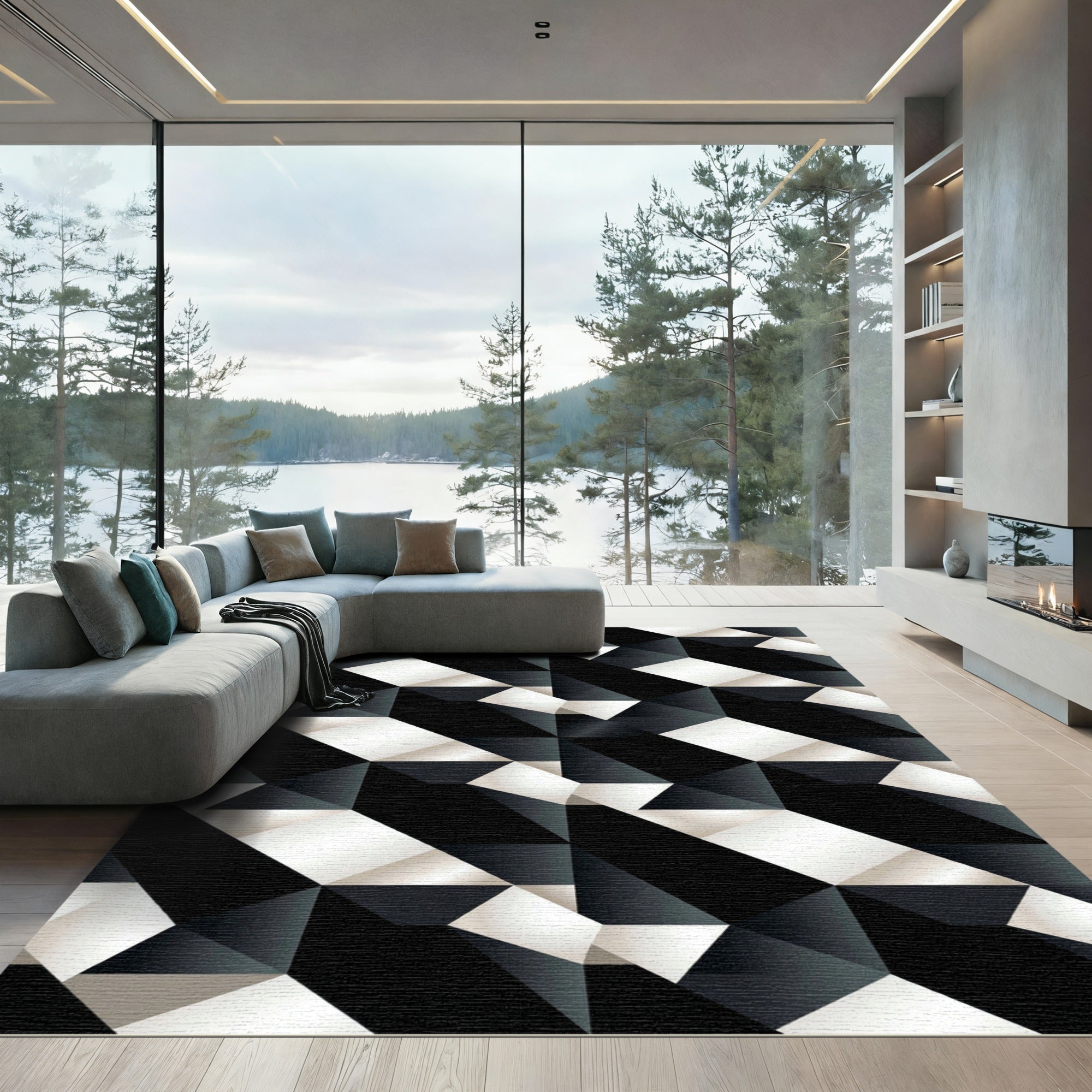 Geometric Black White Cubist Illusion Rug