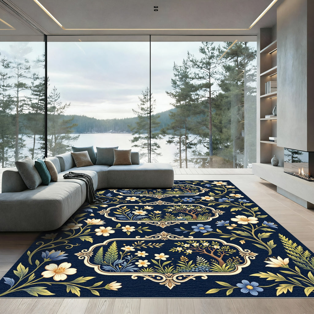 Elegant Navy Floral Frame Botanical Rug