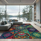 Vibrant Teal Pink Golden Floral Medallion Rug