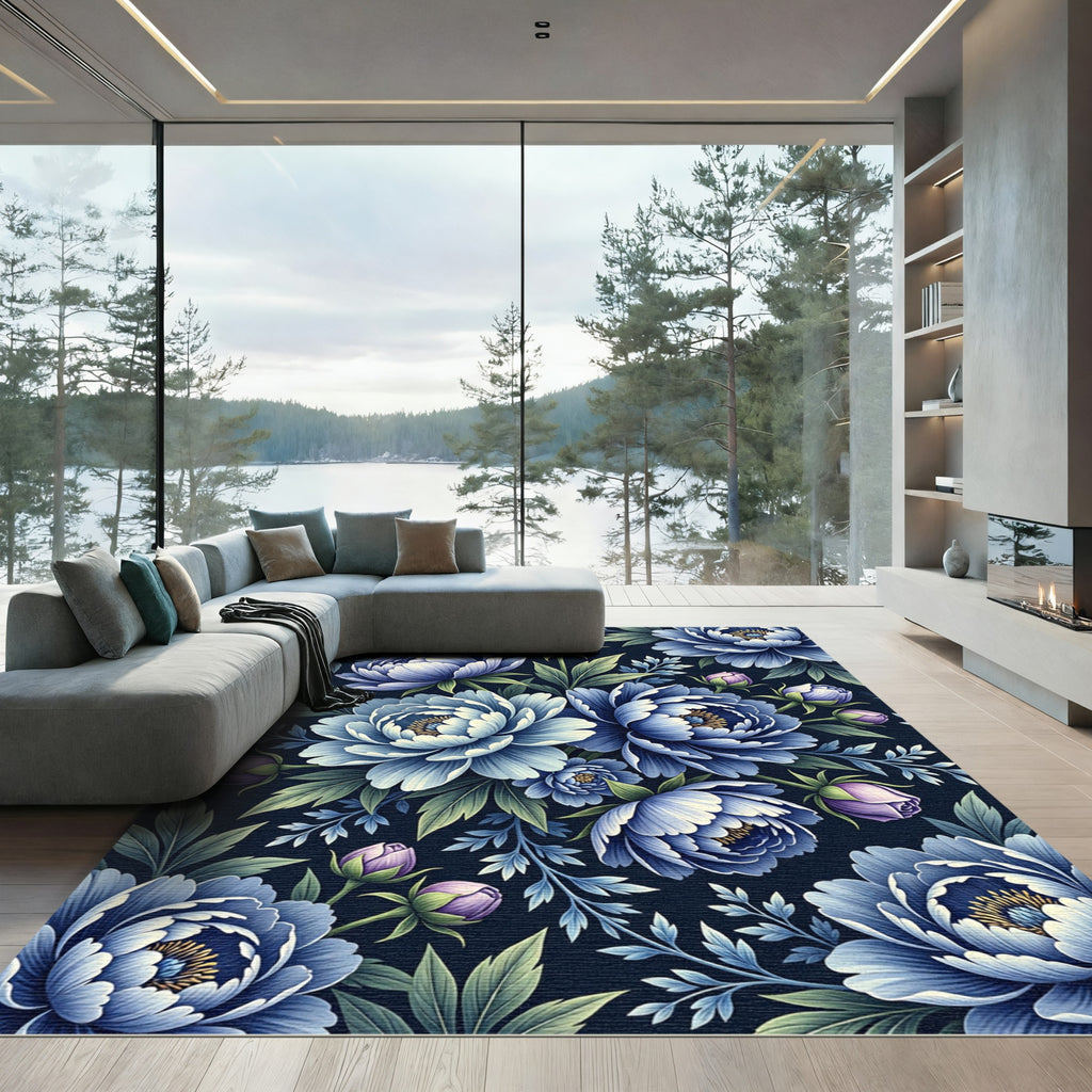 Elegant Navy Blue Peony Botanical Garden Rug