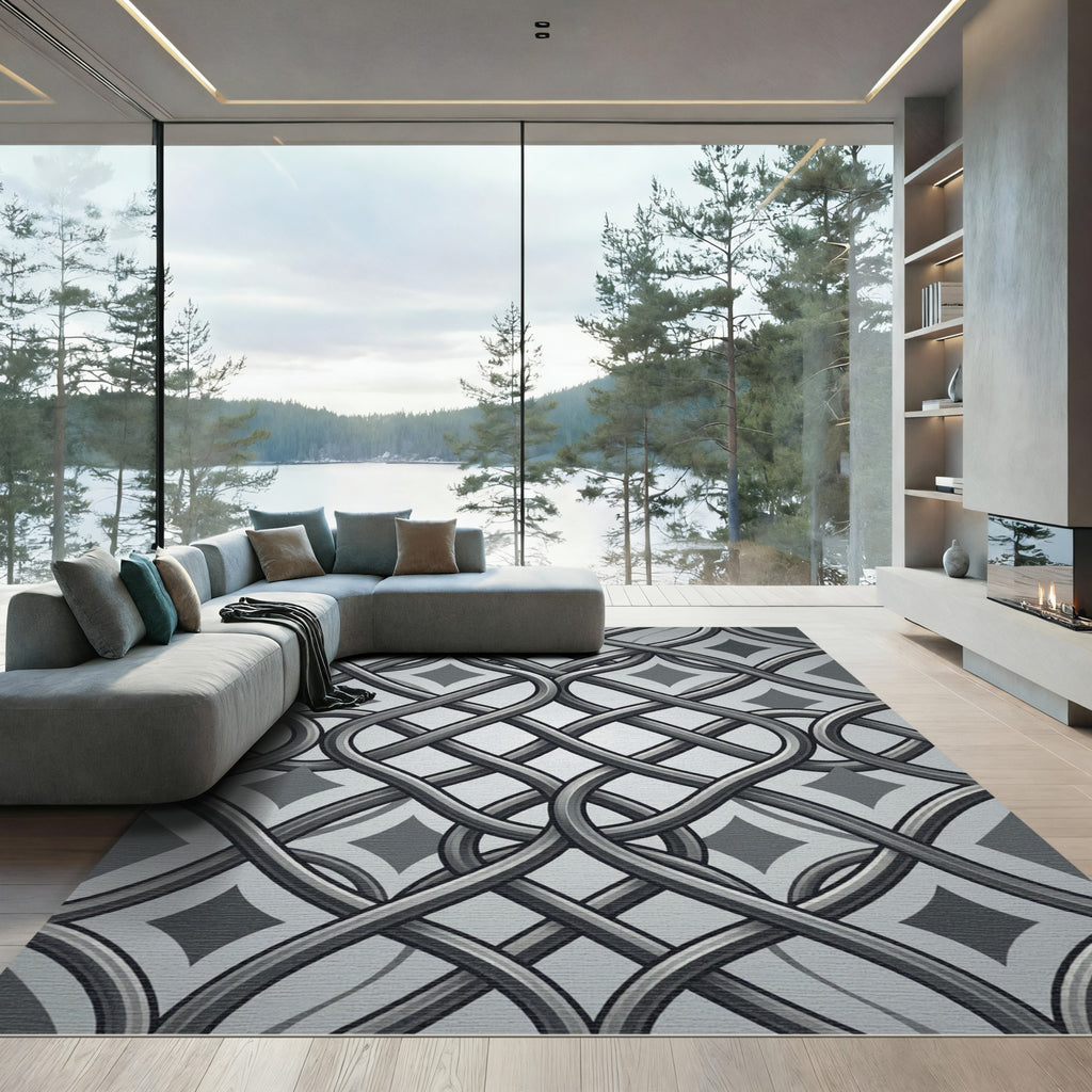 Metallic Silver Interlocking Geometric Links Rug