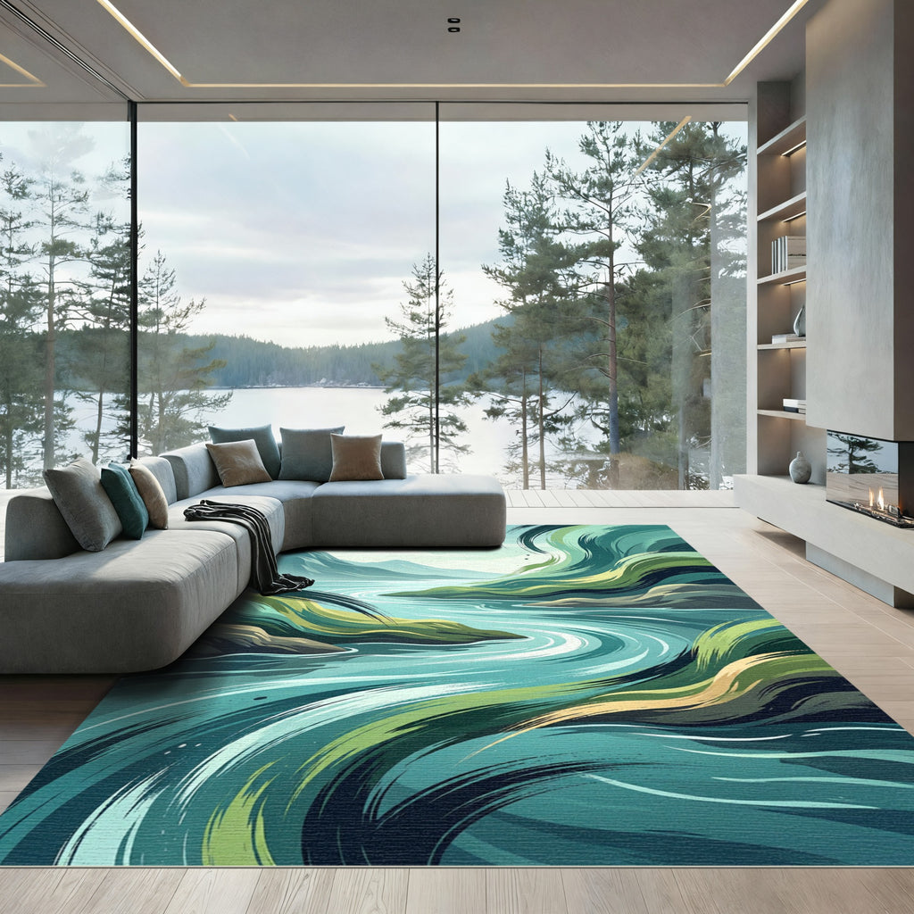 Abstract Flowing Mountain River Landscape Rug