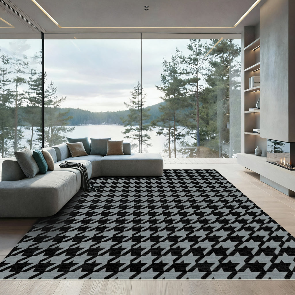 Classic Black Gray Houndstooth Checkered Rug