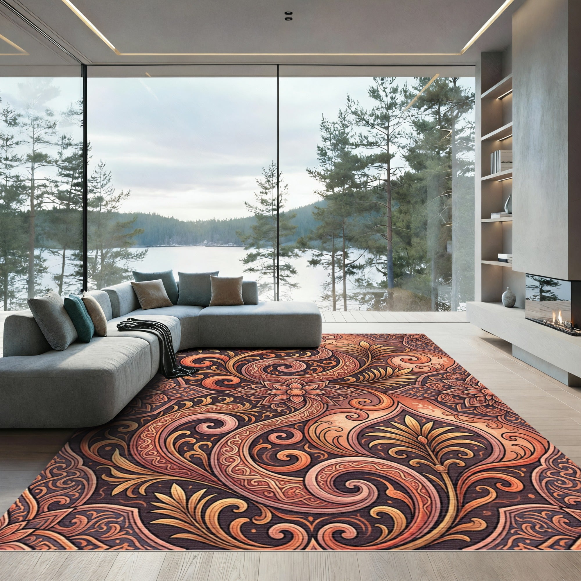 Elegant Terracotta Swirl Floral Medallion Rug