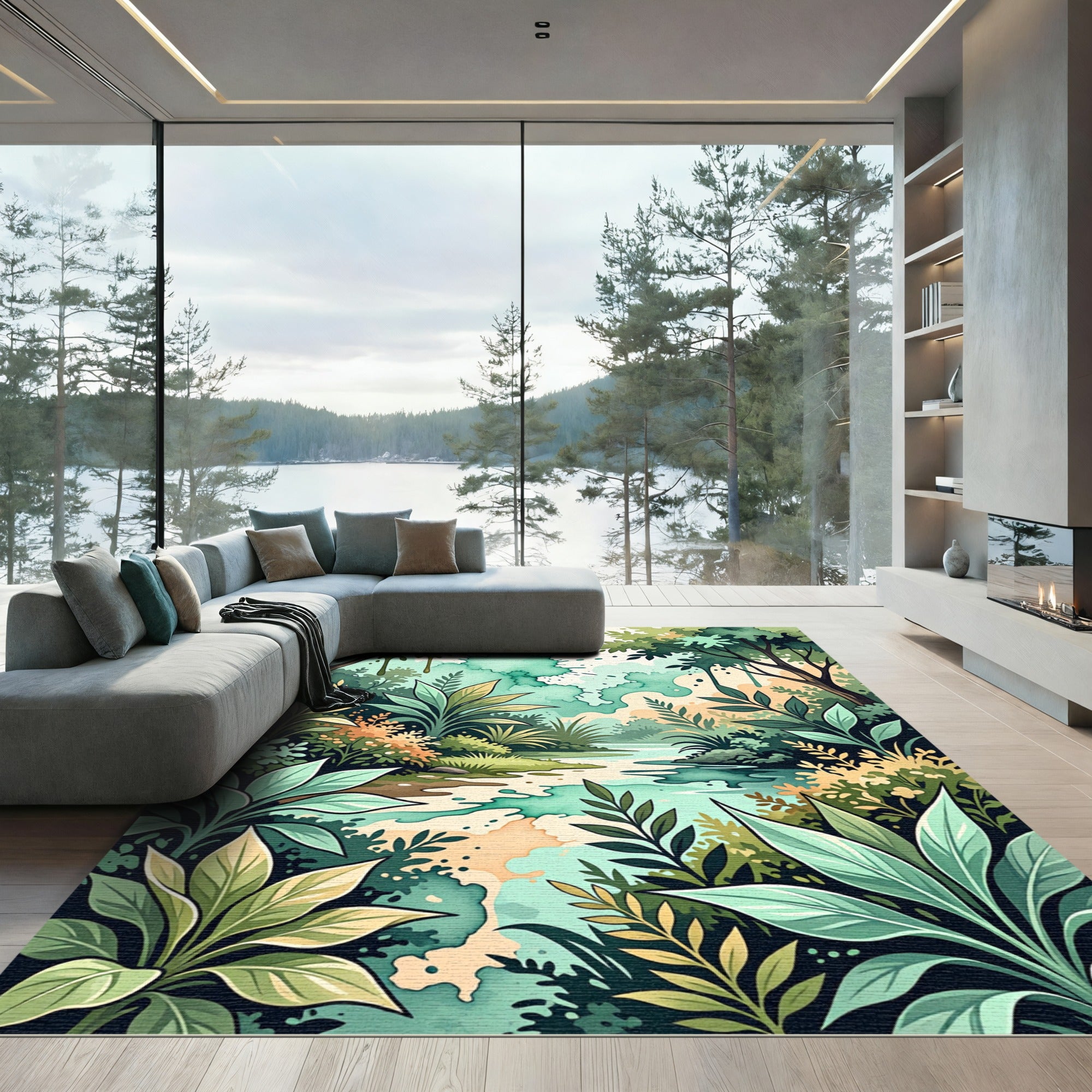 Lush Emerald Forest Watercolor Splatter Rug
