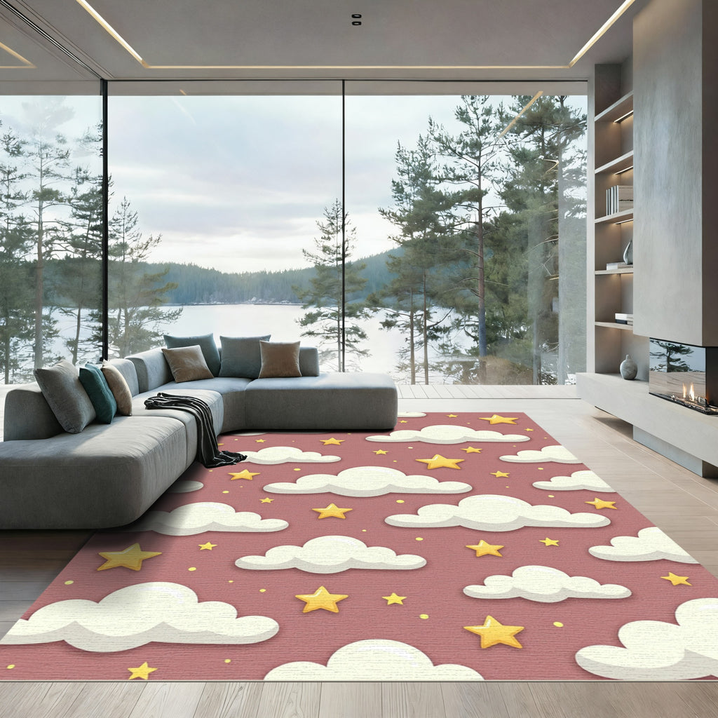 Whimsical Dusty Rose Sleepy Starry Clouds Rug