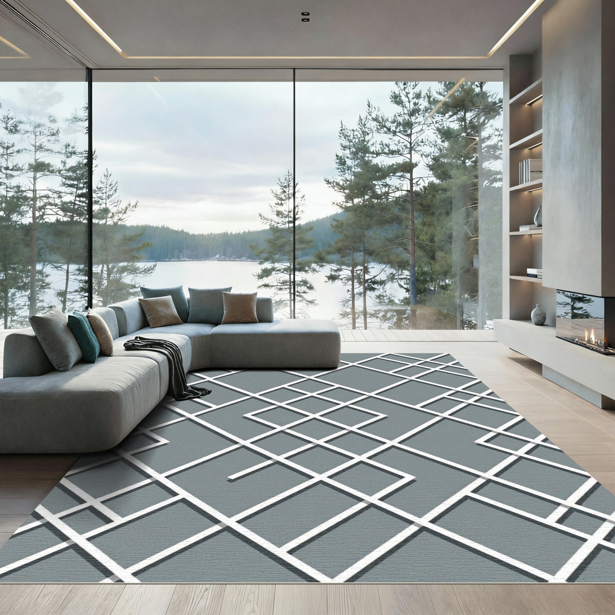 Sophisticated Slate Gray Intersecting Lattice Rug