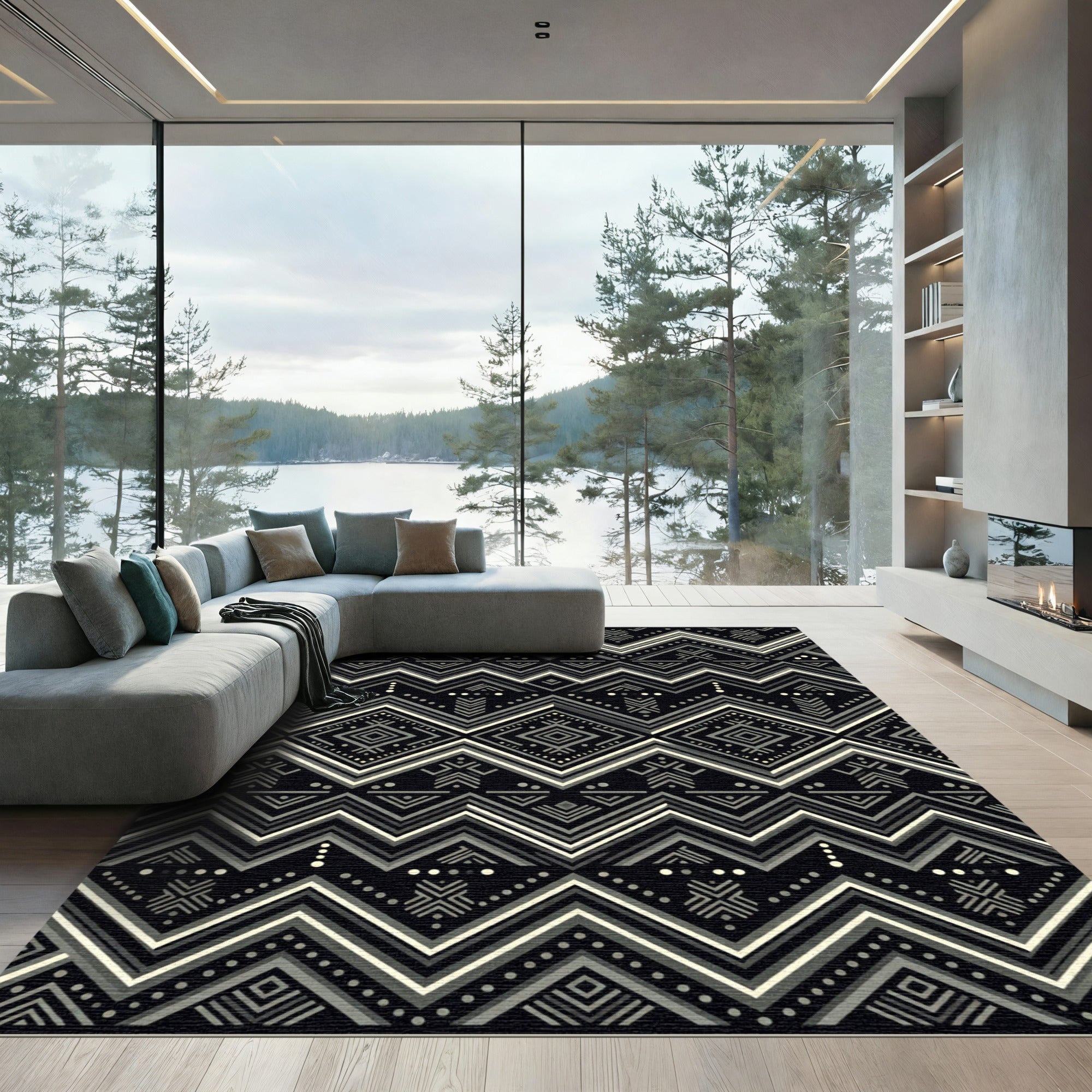 Monochrome Geometric Tribal Diamond Chevron Rug